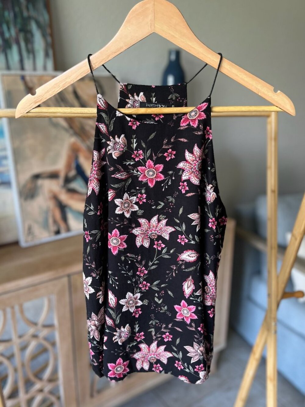Papermoon Black Floral Sleeveless Blouse | Pink Boho High Neck Top - Size Small
